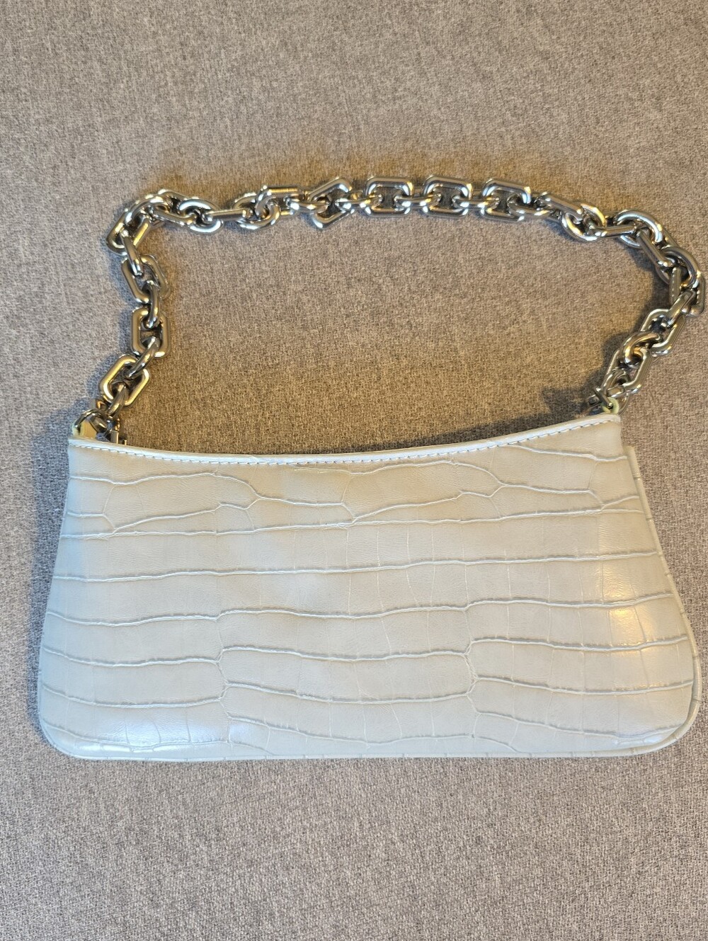 Zara Cream Croc-Embossed Shoulder Bag with Silver Chain